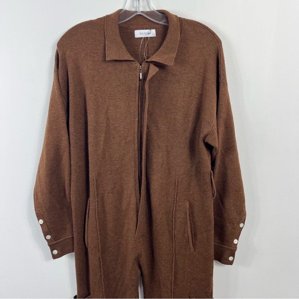 Naadam Textured Merino Wool Blend Long Sleeve Cargo Jumpsuit Chocolate Brown - Picture 2 of 5
